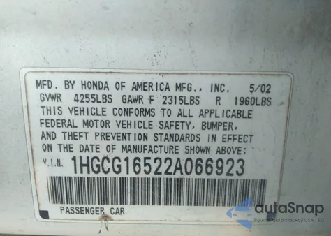 2002 Honda Accord Sdn Ex W/Leather from USA, damaged, VIN 1HGCG16522A066923
